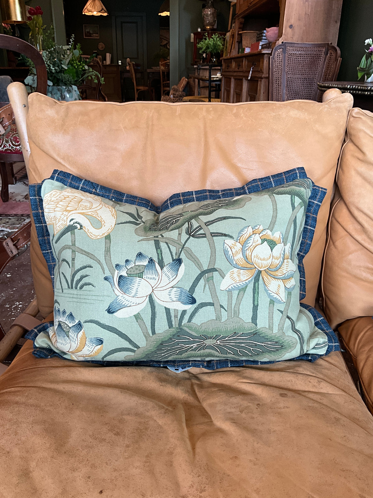 15 x 20 green, blue, and yellow floral pillow with plaid trim